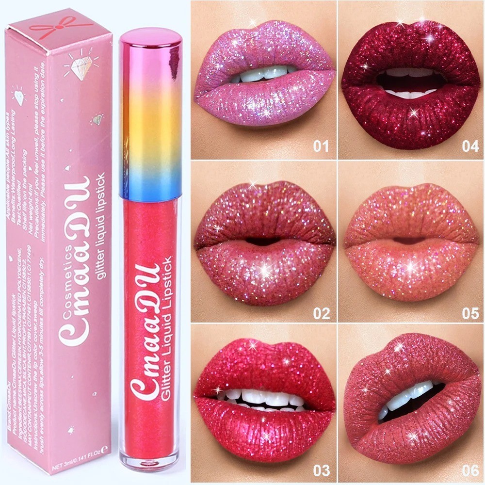 CmaaDU 6 Colors Glitter Liquid Lipstick Matte Waterproof Long Lasting Lip Gloss
