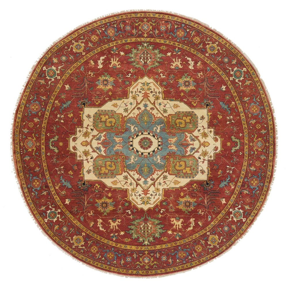 10'x10' Red Hand Knotted Fine Heris Re-Creation Wool Round Oriental Rug R65513