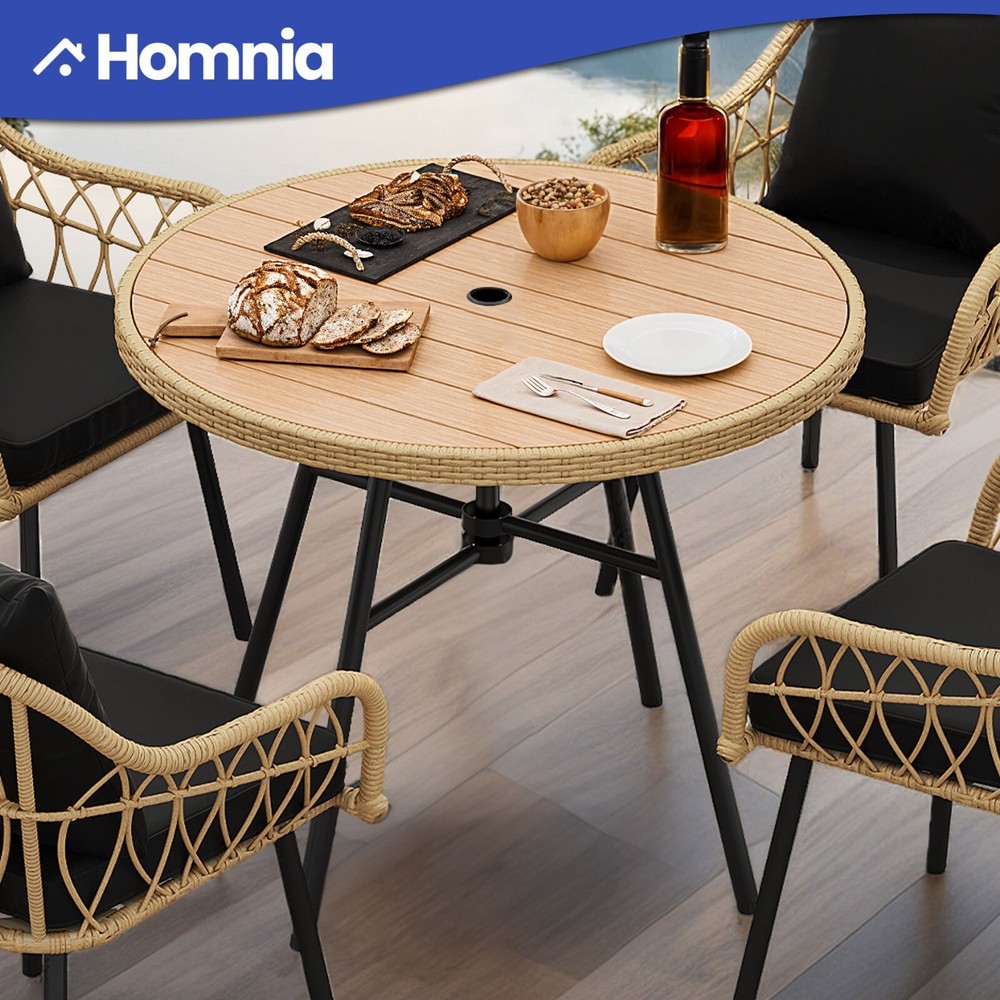 Outdoor Patio Bistro Table Rattan Wooden Top with Umbrella Hole Coffe Bar Table