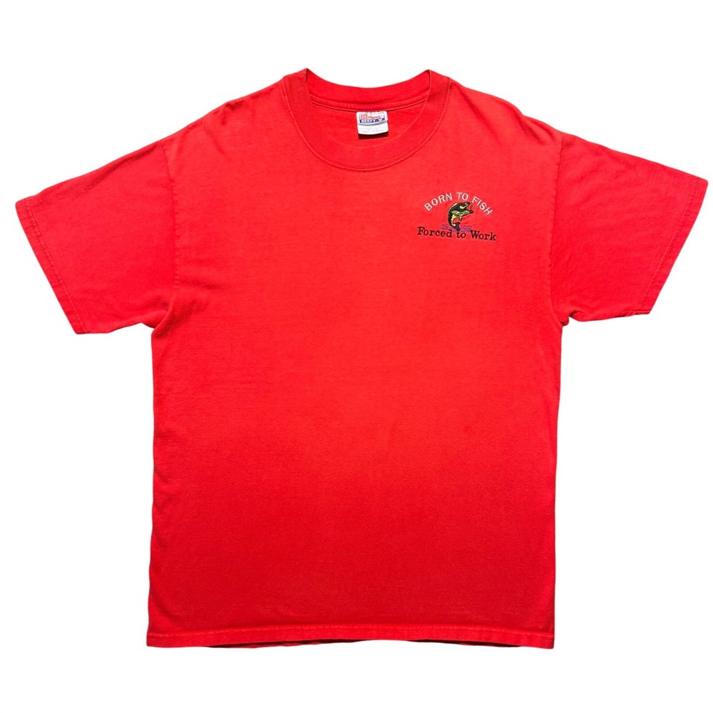 Vintage Hanes Beefy T Shirt Red Funny Fishing Embroidery Mens Large Short Sleeve
