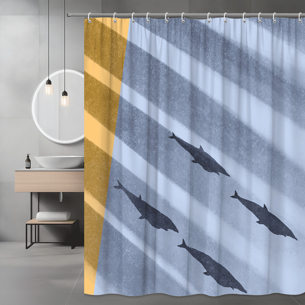 Dolphin Shower Curtain Gray Blue Striped Ocean Print