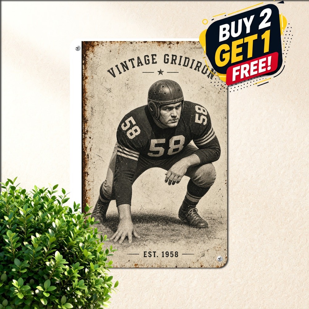 Football Player Crouching Position Dynamic Action Metal Sign