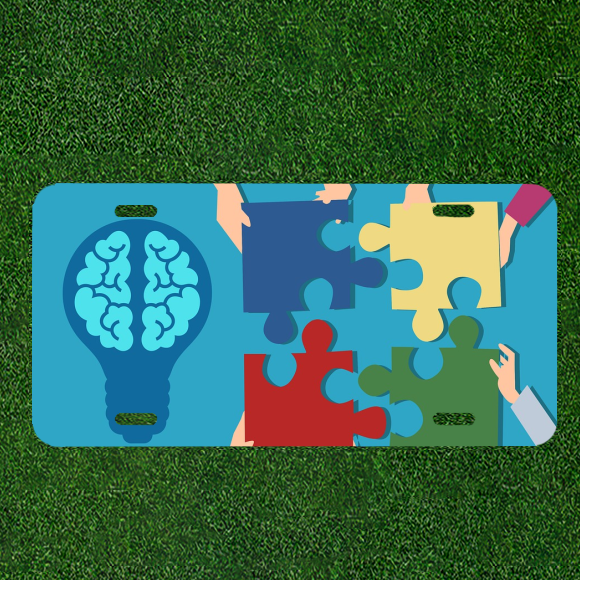 Custom Personalized License Plate Auto Tag With Puzzle And Brain Design