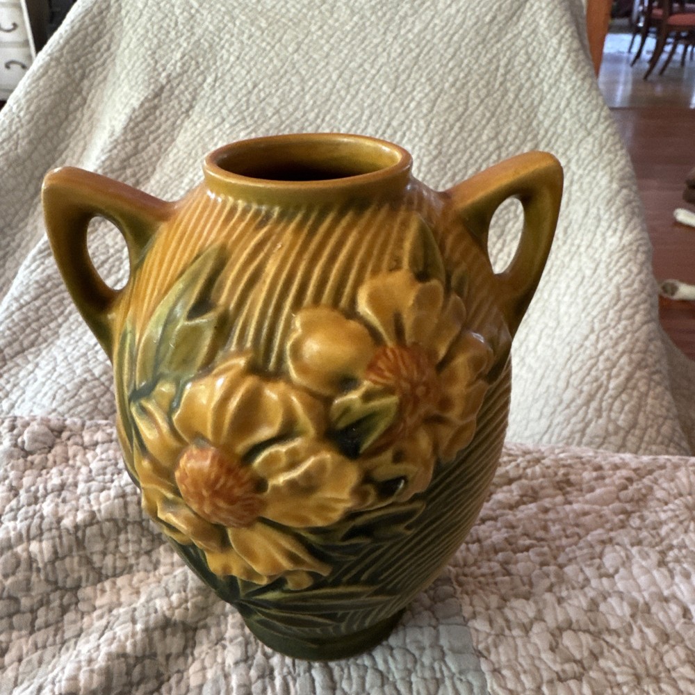 ROSEVILLE POTTERY Sienna Yellow Peony Vase 58-6” TWO HANDLE ART POTTERY ~1940's~