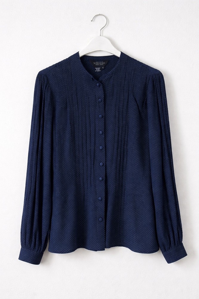 J. Peterman Silk Pintuck Button Up Shirt Blue Dot Womens Size 10 Blouse L/Sleeve