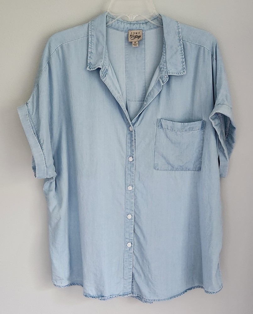 Como Vintage Lyocell Short Sleeve Button Up Shirt Womens 2XL Denim Look Coastal