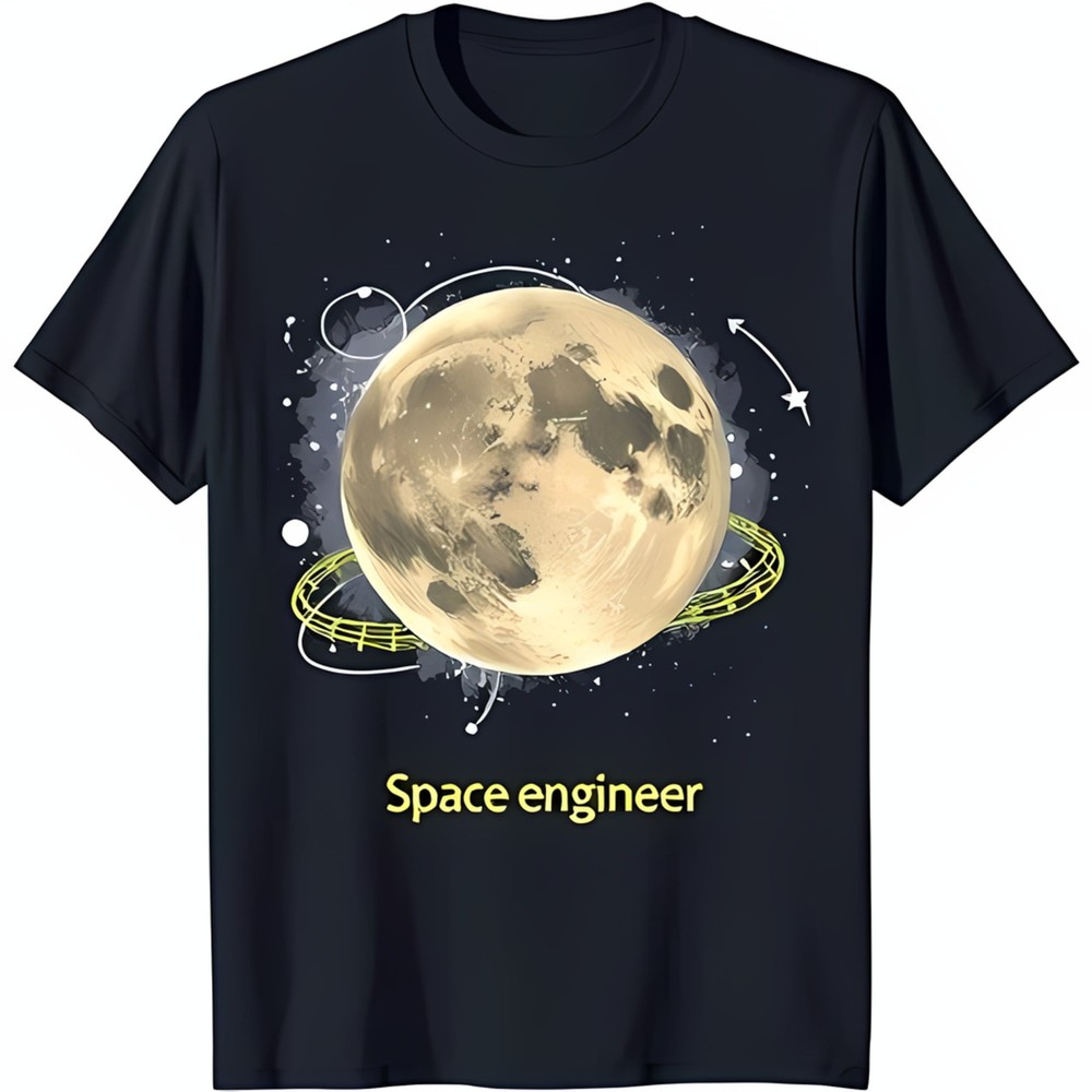 Black T-Shirt with Full Moon Graphic & Stars 'Space Engineer' in Yellow