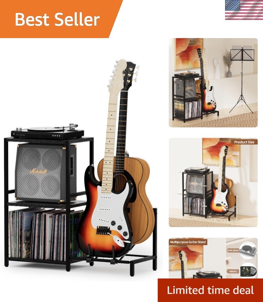 End Table with Guitar Stand,Record Player Stand,Vinyl Records Storage,2-Tier ...