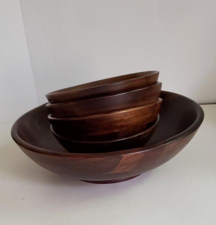 Acacia Wood Vintage Salad Serving Bowl With 4 Smaller Bowls As-Is-image