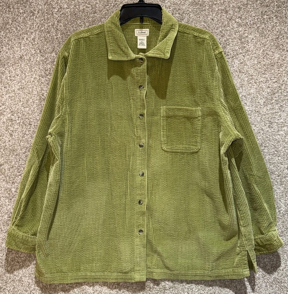 LL Bean Womens Green Heavy Corduroy Long Sleeve Button Up Top Shirt Size 1X