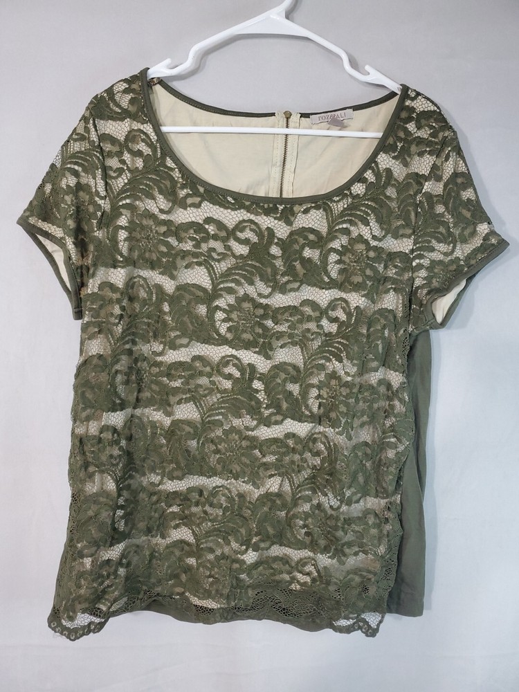 ROZ & ALI BLOUSE Women's Size XL lace lined zippered short sleeve top GREEN