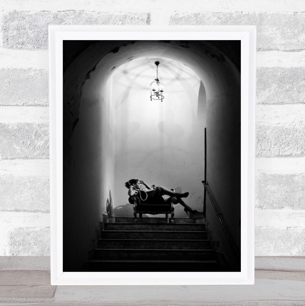 Portrait B&W Arch Stairs Steps Woman Person Couch Hallway Lamp Wall Art Print