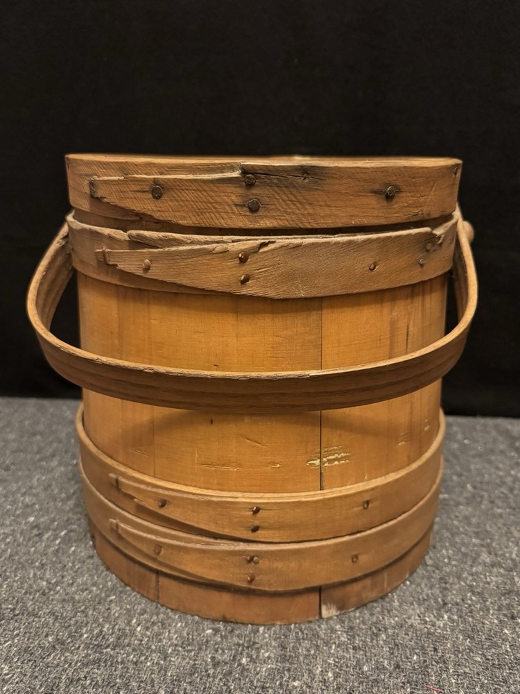 Primitive Vintage Wood Firkin Sugar Bucket Banded w/Lid & Swing Handle 9.75”