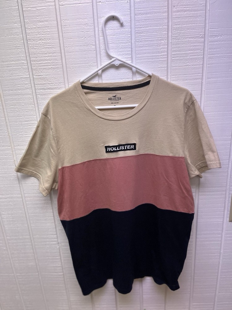 Hollister Men’s Large Crewneck Tee 100% Cotton Beige/Pink/Black Embroidered Logo