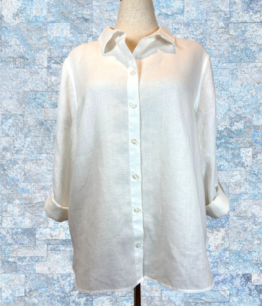 CHICOS Size 3 No Iron 100% Linen Button Up Blouse White Roll Tab Sleeve Shirt XL