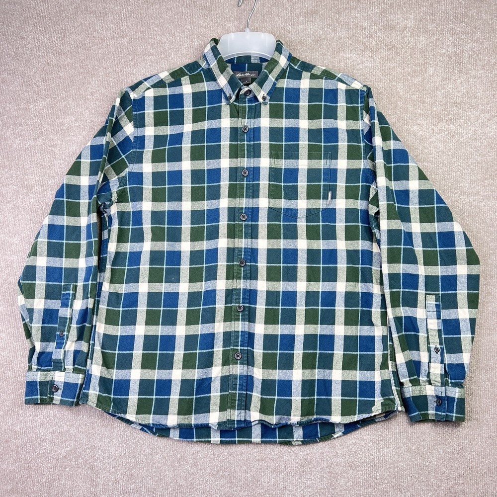 Eddie Bauer Mens Large Blue Brown Plaid Cotton Flannel Shirt Long Sleeve