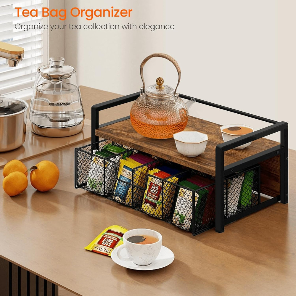 Wood Tea Organizer and Storage Chest Teabag Holder with Drawer Rustic Brown