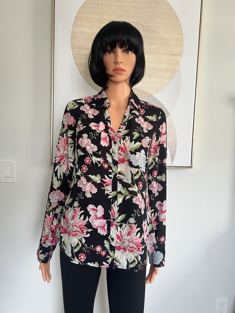 Express Floral Chiffon Collared Button-Down Black Pink Green Blouse S Petite