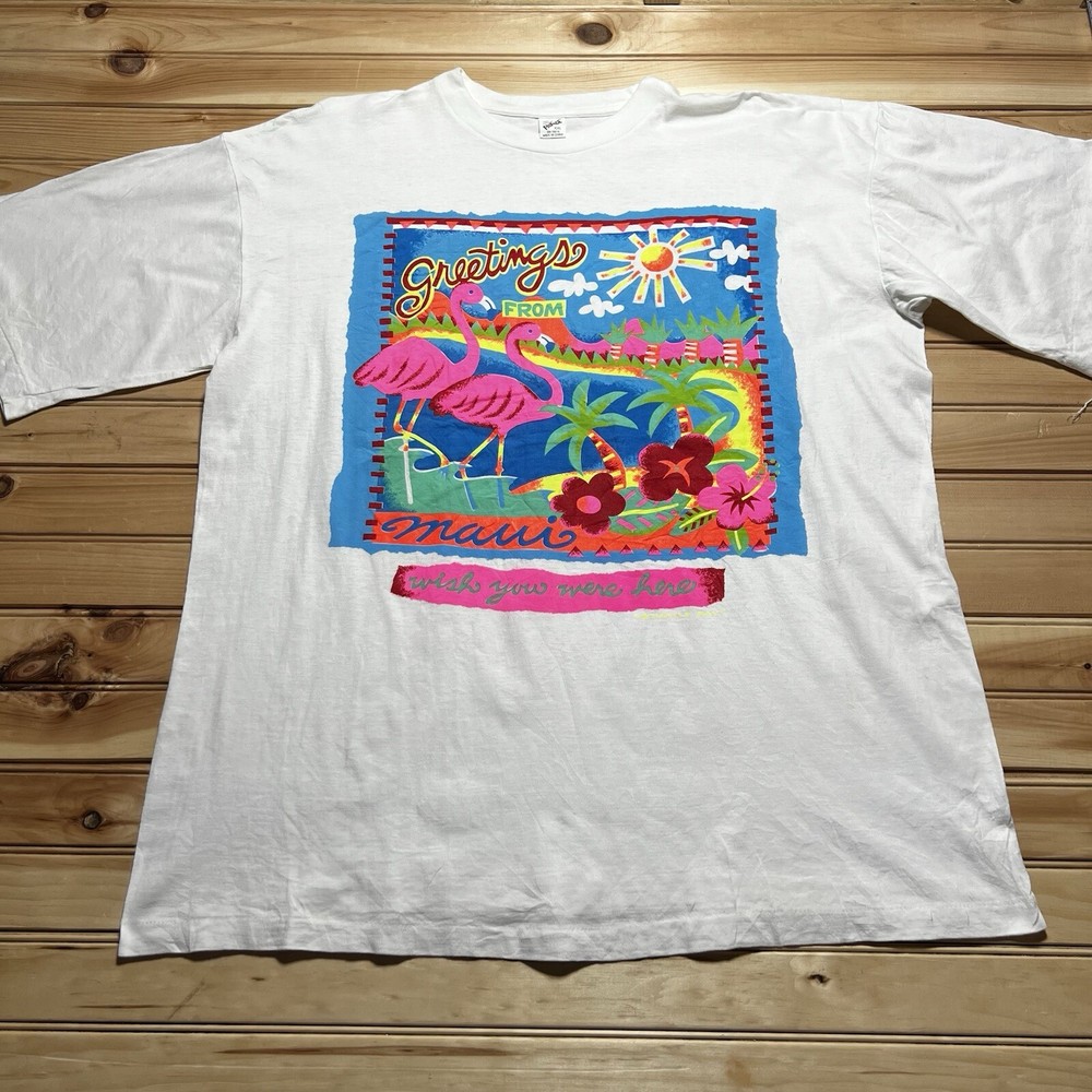 Vintage 80s 90s Maui Wish You We’re Here Turtle Bay Hawaii Flower Shirt Size 2XL