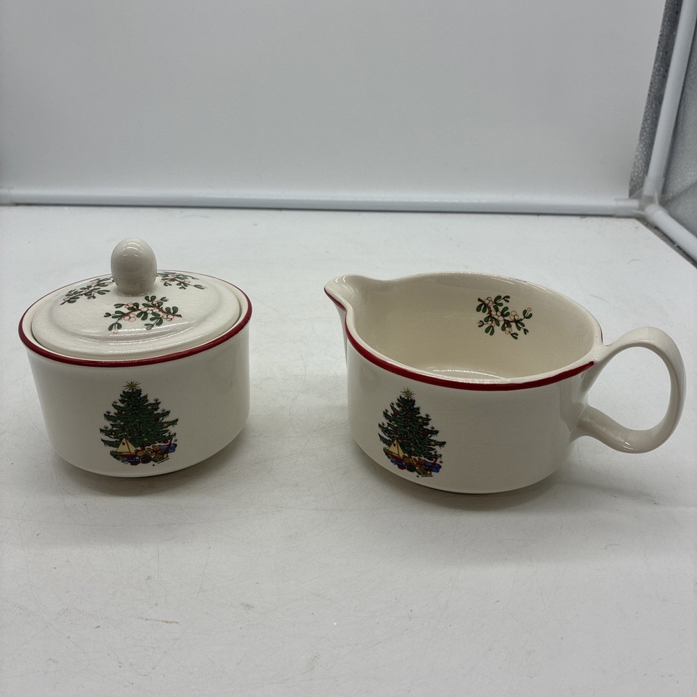 Cuthbertson American Christmas Tree White Sugar Bowl Creamer Set of 3 Red Trim
