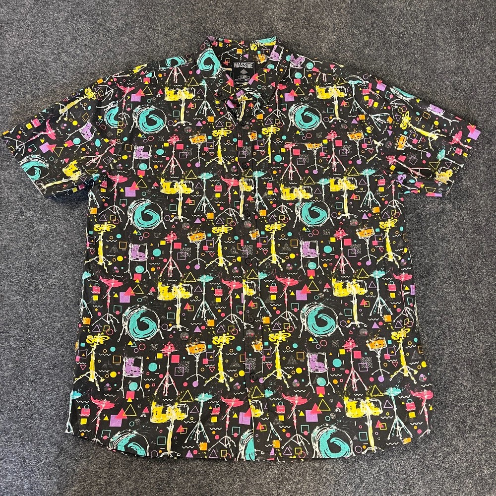 Massive Mens Button Up Shirt XL Retro 90s Abstract Drums Graphic Short Sleeve-image
