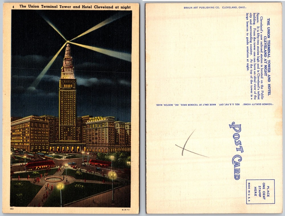 Union Terminal Tower Hotel Cleveland Ohio Night Lights Postcard