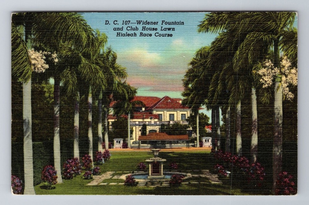 Hialeah FL-Florida, Hialeah Race Course, Widener Fountain, Vintage Postcard