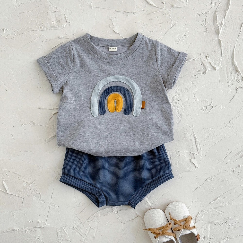 Summer 2025 Rainbow Embroidered Short Sleeve Set for Boys Girls 6M-3Y