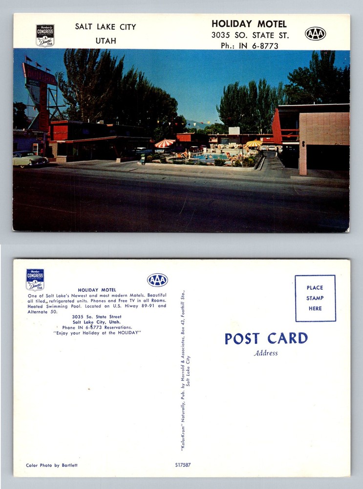 Salt Lake City, UT-Utah, Holiday Motel State Street Pool AAA Vintage Postcard