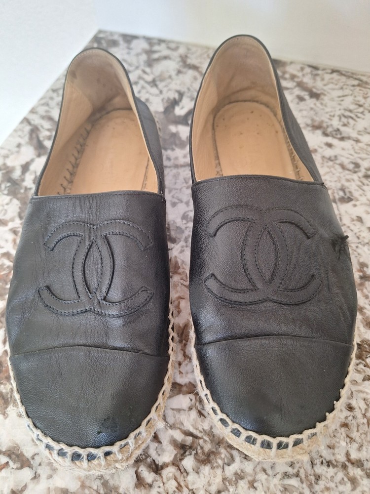 Chanel Woman's Lambskin Espadrilles Black Slip On  Size 37