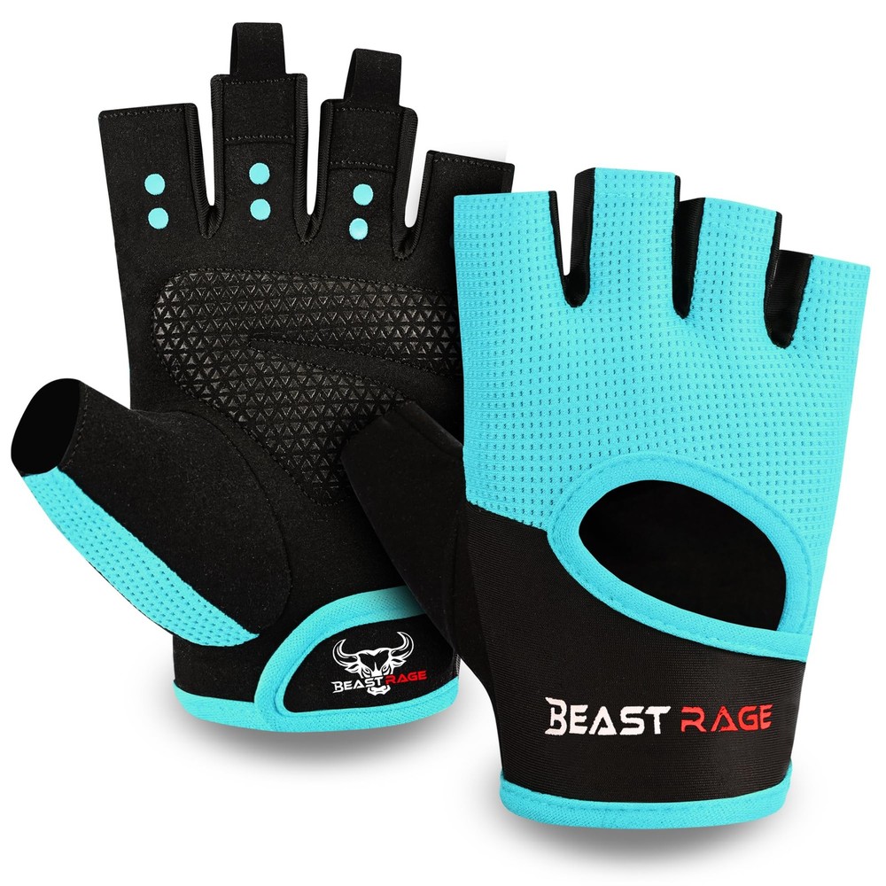 BEAST RAGE Fingerless Gym Gloves for Men  Women - Lightweight, Cyan, M