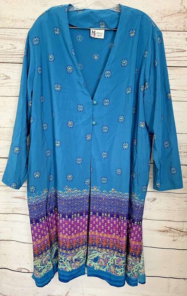 Maggie Sweet Size Petite 3X Kaftan House Midi Dress Coverup Jacket Tunic Blue