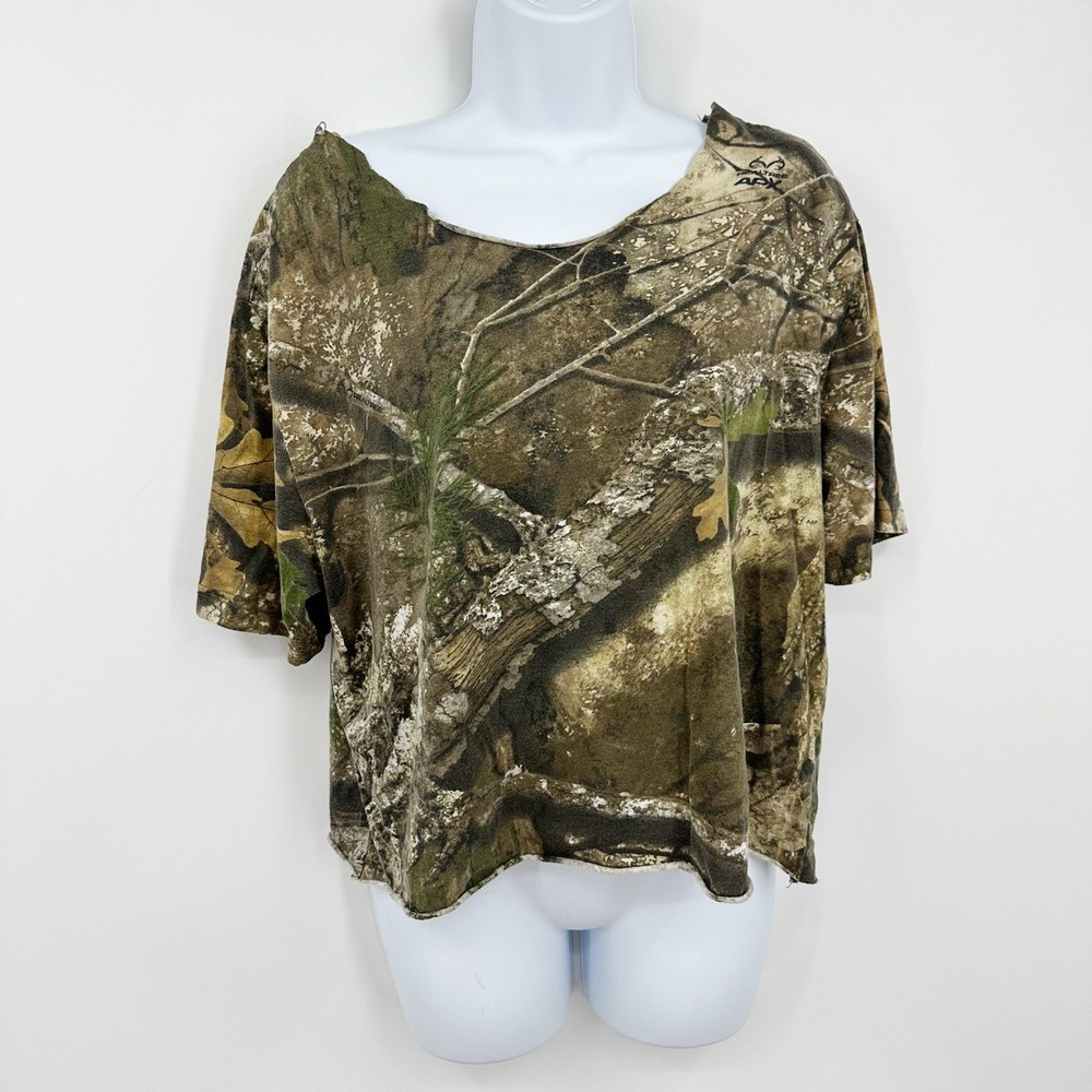 Realtree Camouflage Cropped Short Sleeve Off The Shoulder Shirt Size Medium Y2K