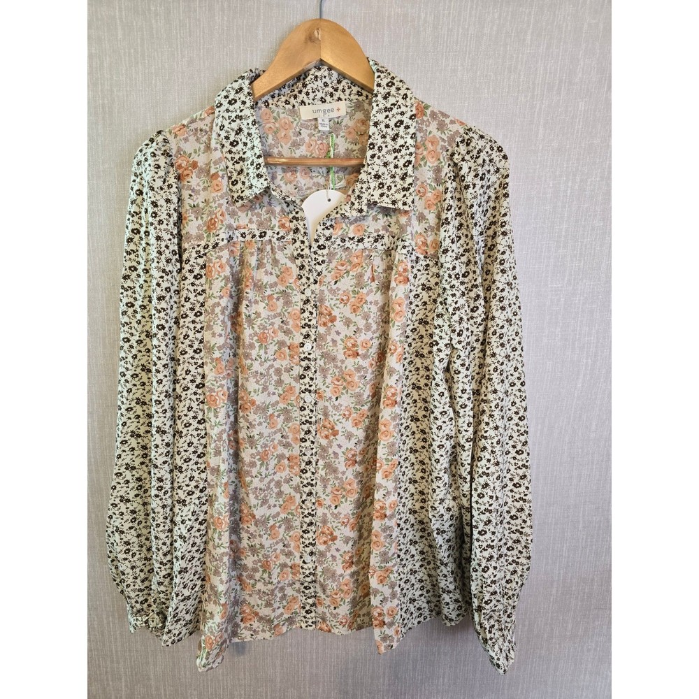 Umgee USA Floral Patchwork Long Sleeve Button Down Shirt Women Oversized XL New