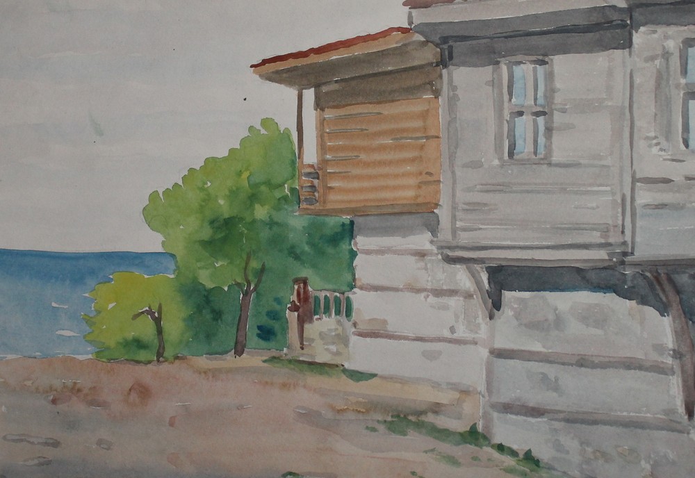 Vintage impressionist watercolor landscape painting with house