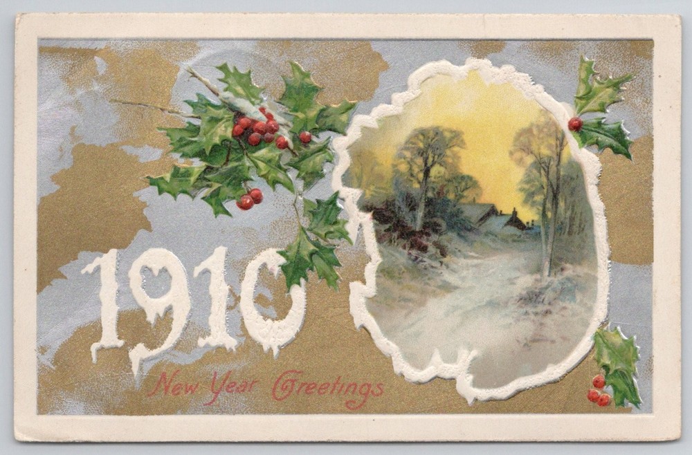 1910 New Year Greetings Postcard Embossed Holly Winter Scene Winchester NH