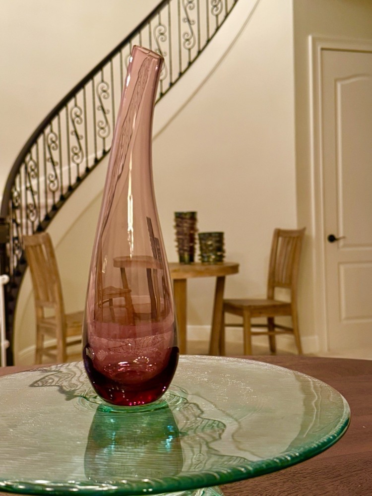 Contemporary Hand Blown Bent Neck Pontil  Purple Art Glass Vase MCM Style 10”