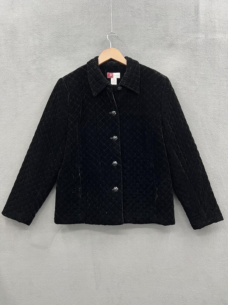 JM Collection Womens Black Quilted Velvet Button Front Jacket Size 12