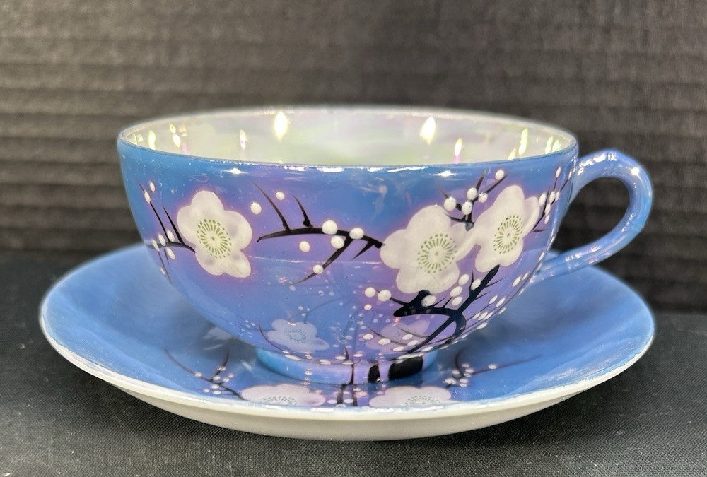 Vtg Blue Lusterware Teacup + Saucer Set Hand Painted Cherry Blossoms Japan