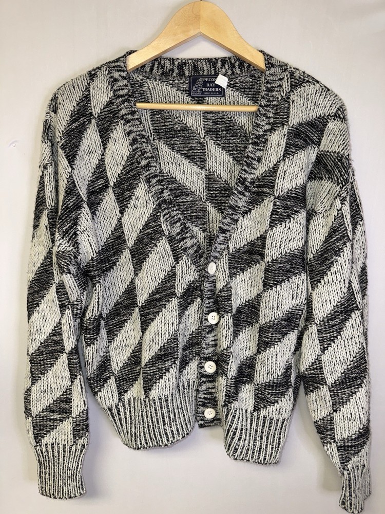 Vintage Grandpa Cardigan Black White Geometric Knit USA Made Men’s M