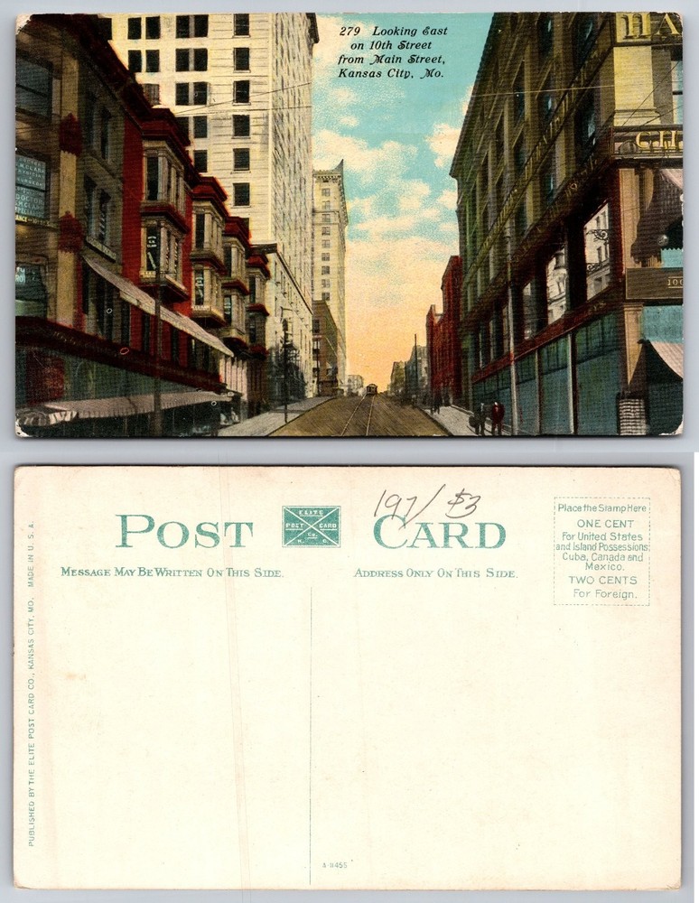 Vintage Kansas City MO Postcard Looking East on 10th Street from Main Street