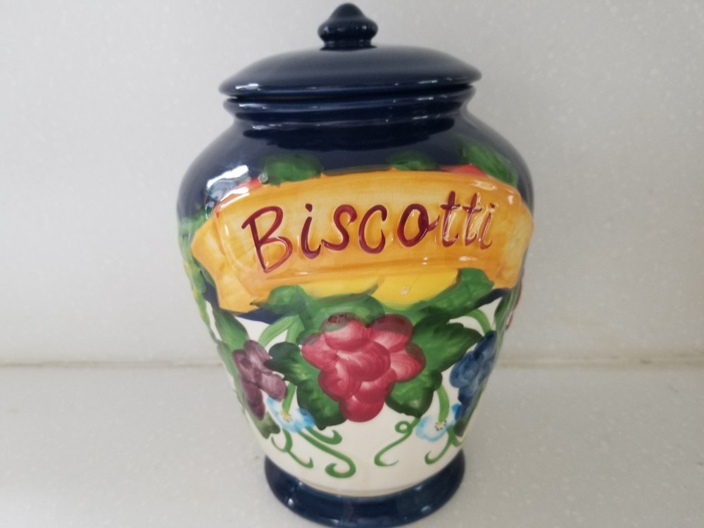 Nonni's Hand Painted Biscotti Cookie Jar w/Lid  Blue with Embossed Fruit 9