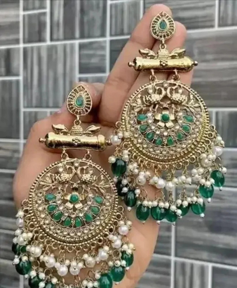Kundan Chandbali Pearl Drop Traditional Gold Plated Indian Jewelry Earrings Set