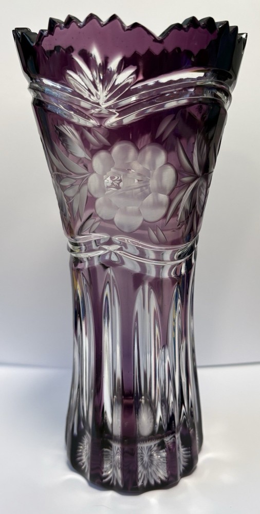 Vintage 7” Joska Bleikristall Floral Cut to Clear Amethyst Purple Crystal Vase