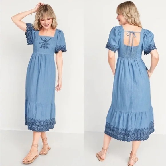 Old Navy Womens Small Milk Maid Cottage Core Smocked Back Chambray Midi Dress
