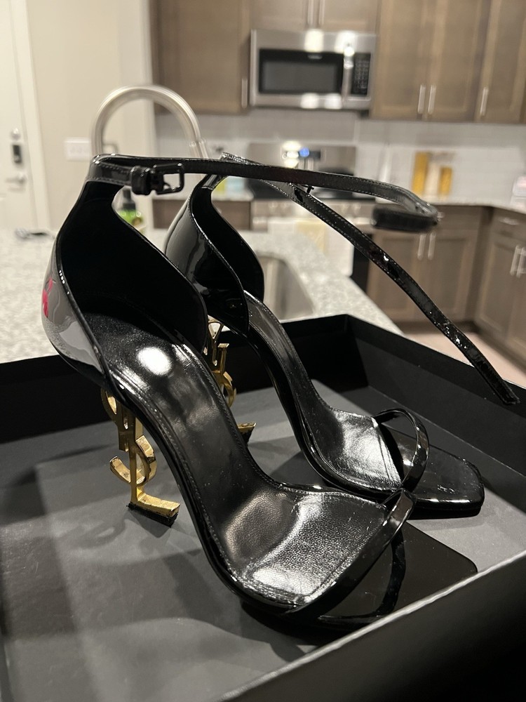 YSL Black Monogram Heel Sandals with Gold Accents