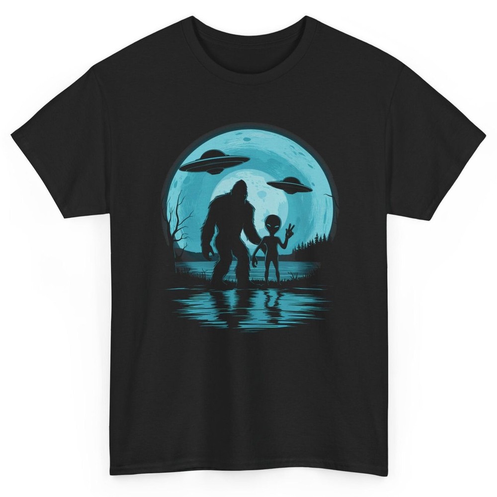 Artistic Sasquatch And Alien T-shirt - Novelty Moon Bigfoot Graphic Tee