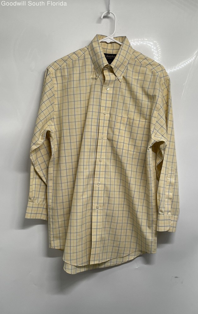 Brooks Brothers Mens Yellow Blue Plaid Non-Iron Long Sleeve Button-Up Shirt Sz S