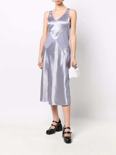 Marc Jacobs V-Neck Midi Slip Cocktail Dress 4 Silver Satin Metallic Great Cond