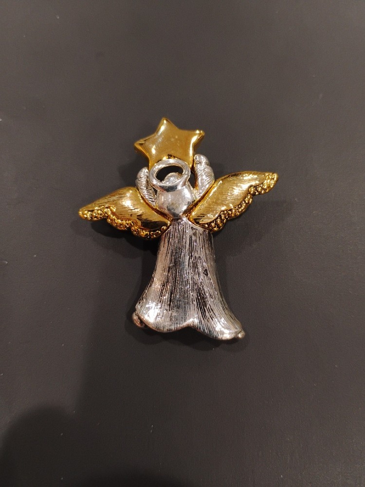 Vintage Liz Claiborne Brooch Pin Angel with Star Silver and Gold Tones